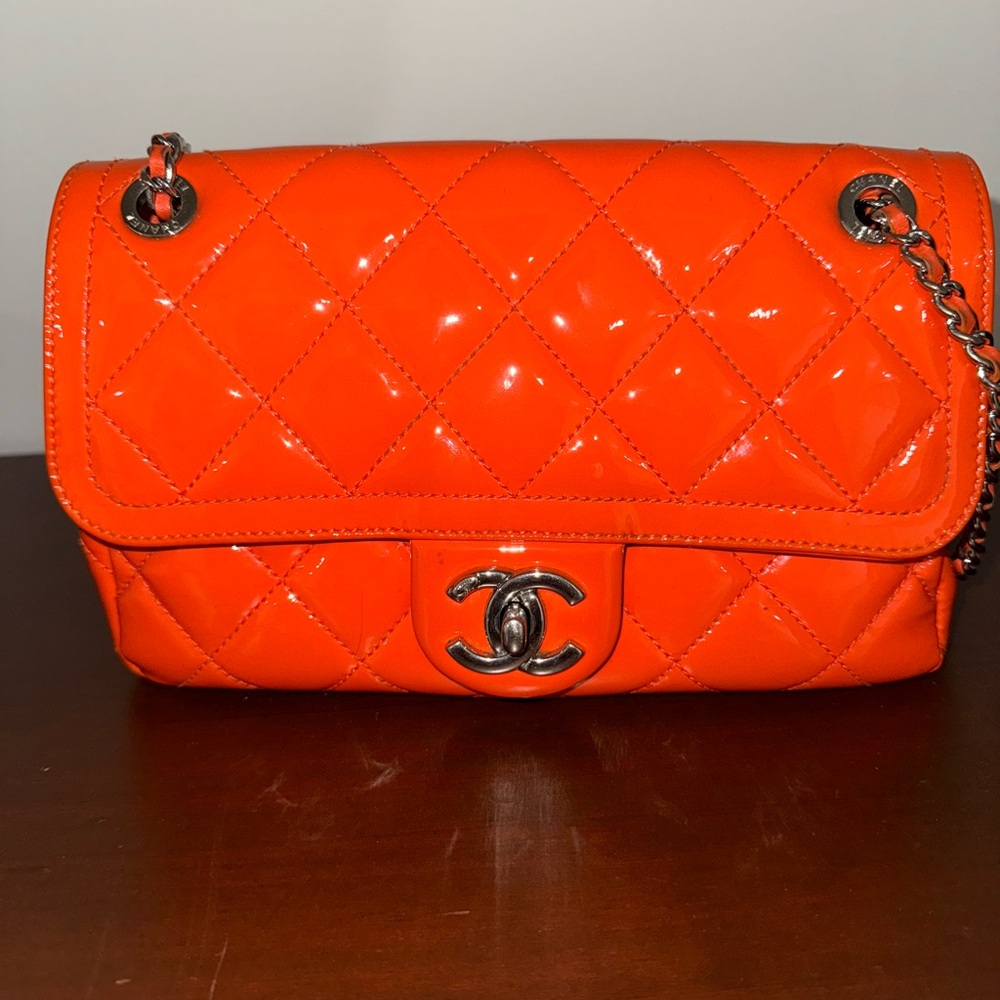 Chanel mini patent leather in orange